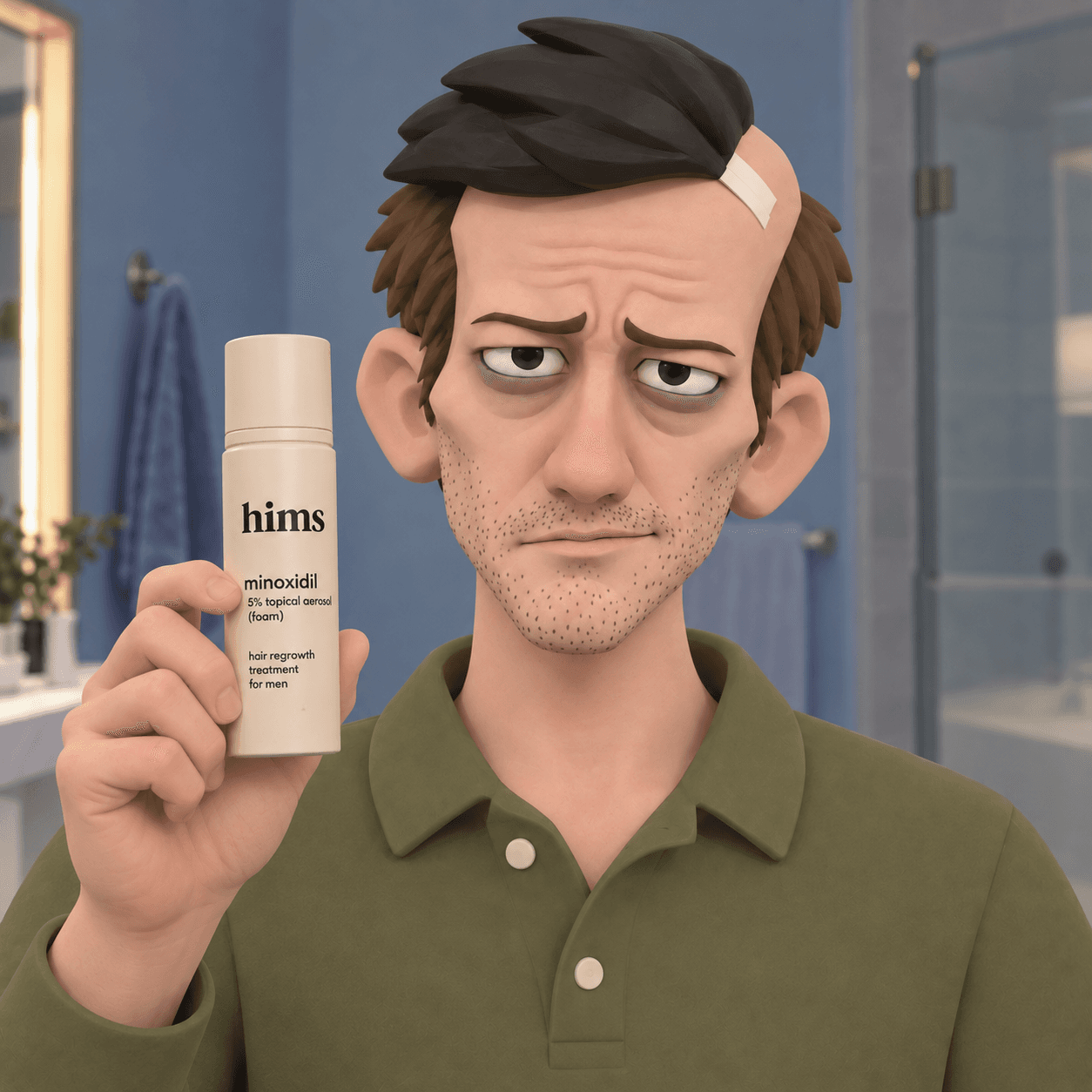 HIMPOSTOR in his bathroom holding up a bottle of minoxidil hair regrowth foam, looking unconvinced, tape visible on his hairpiece.