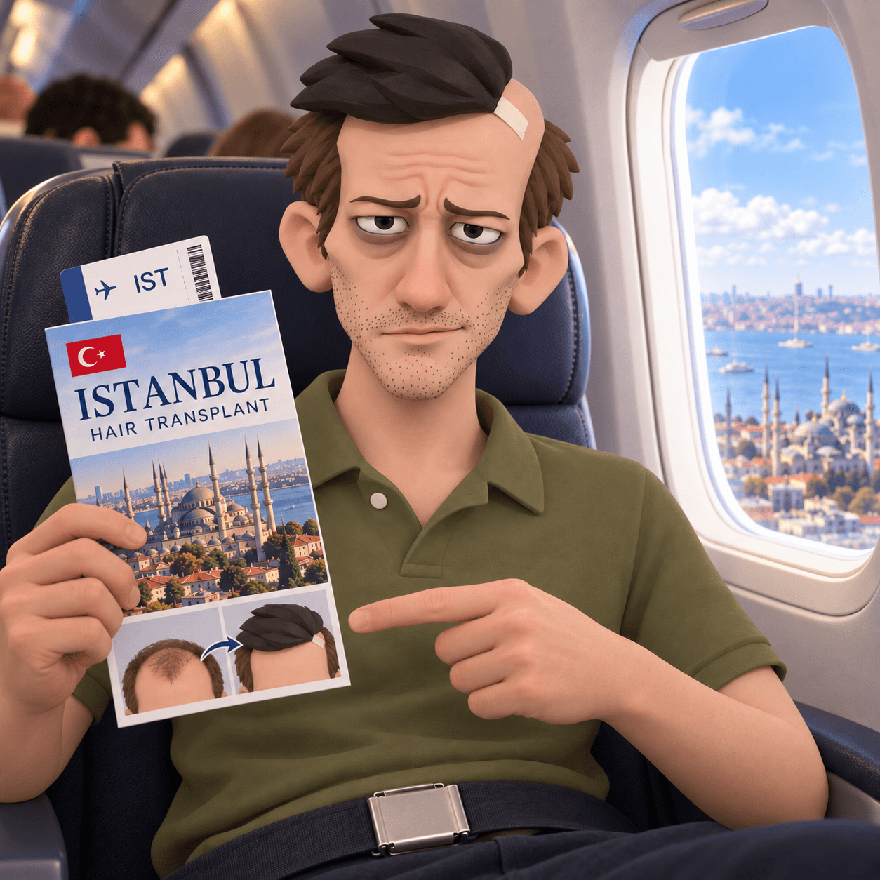 HIMPOSTOR on a plane pointing at an Istanbul hair transplant brochure and a boarding pass, with Istanbul’s mosques visible through the window.