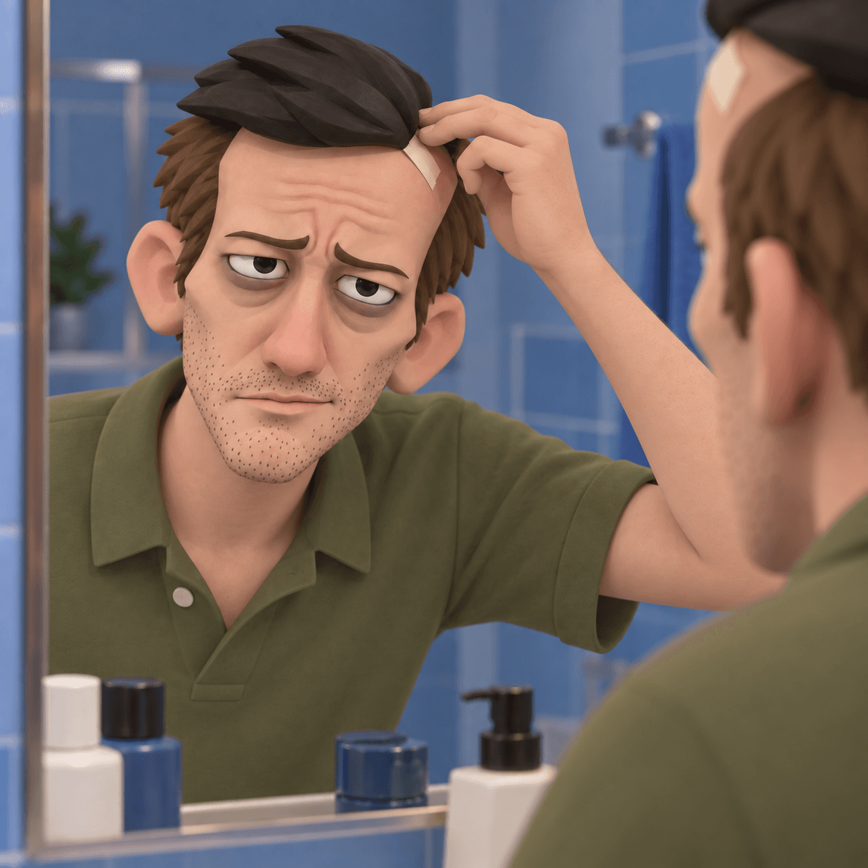 HIMPOSTOR leaning into a bathroom mirror, pressing down the edge of his taped-on hairpiece with one hand.