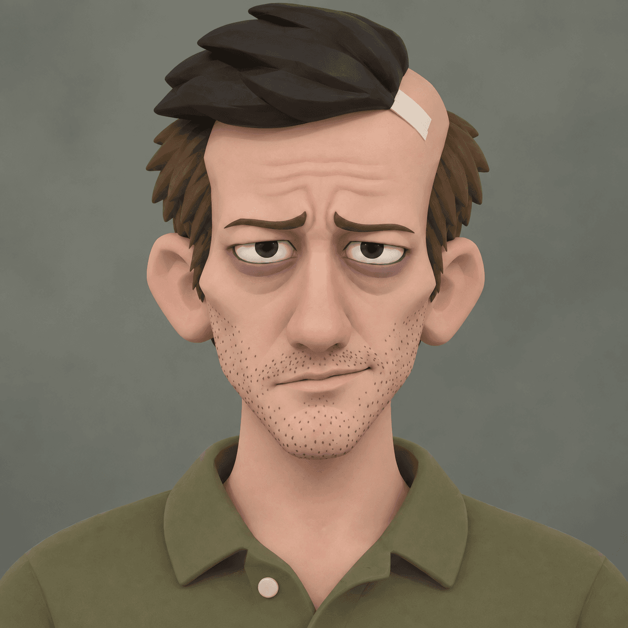 Portrait of HIMPOSTOR: a tired-looking man in an olive polo wearing a crooked black hairpiece, with a strip of tape visibly holding it to his bald scalp.